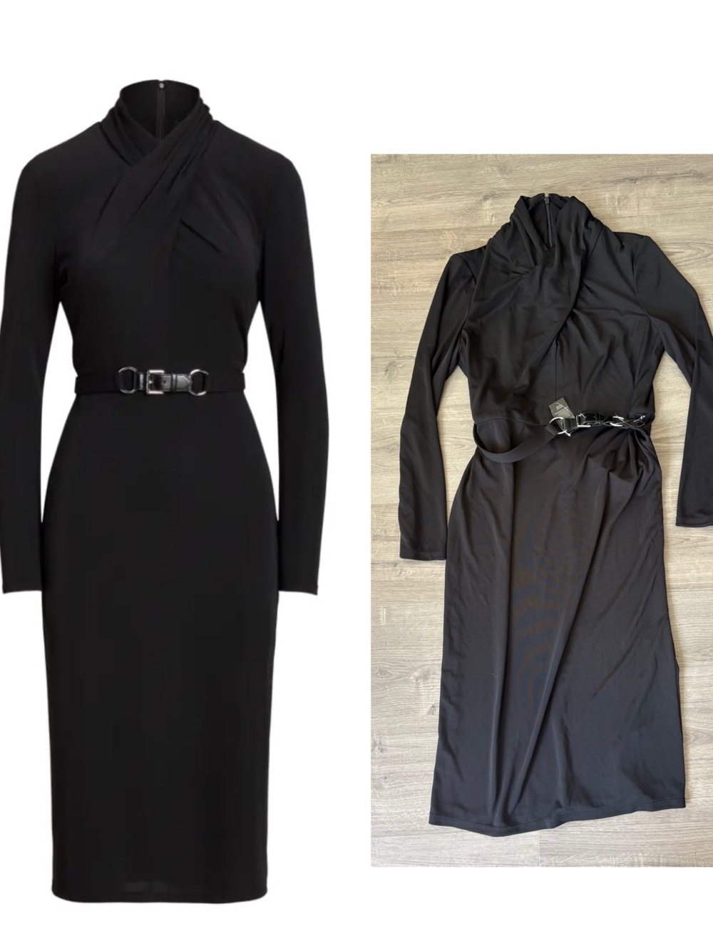 Lauren Ralph Lauren Black Long-Sleeve Wrap Neck Midi Dress with Belt